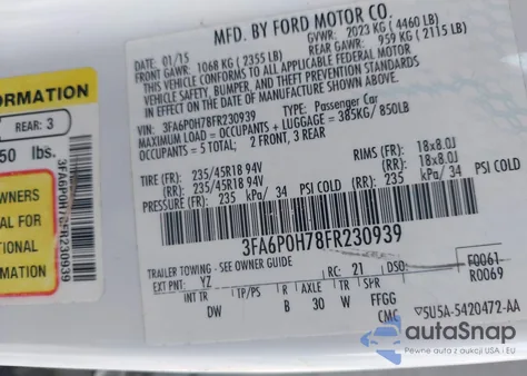 2015 Ford Fusion Se from USA, damaged, VIN 3FA6P0H78FR230939